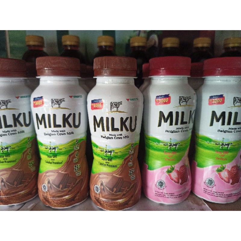 

Milku Susu UHT rada coklat & stroberi susu kemasan botol 200ml