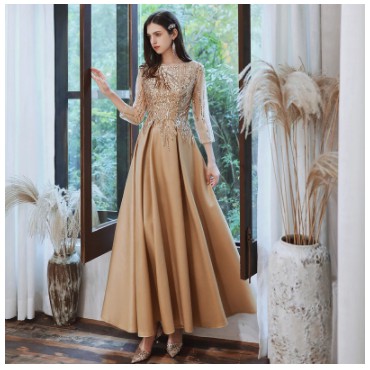 Gaun pesta / evening dress baju pesta satin sequins gold Mewah