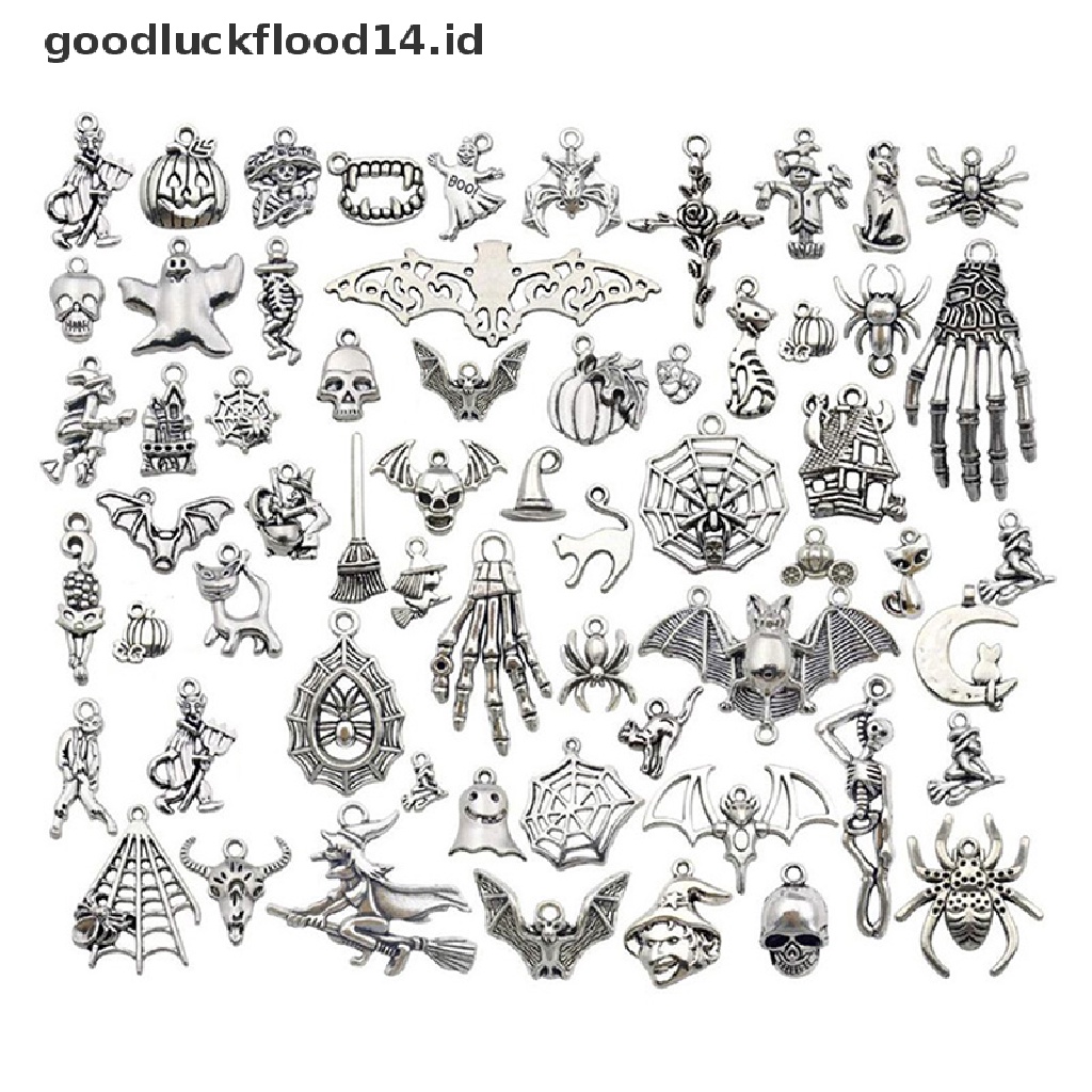 [OOID] 50Pcs Mixed Halloween Bat Skeleton Silver Charms Pendants DIY Jewelry Making ID