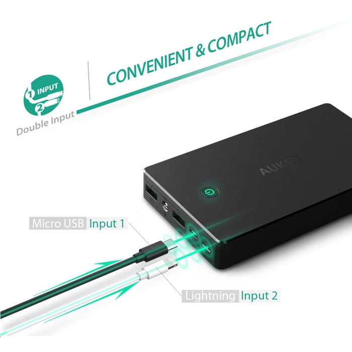Aukey Quick Charger Powerbank Power Bank 2 Port 2.4A 20000Mah Original - Hitam Murah + Gratis Ongkir