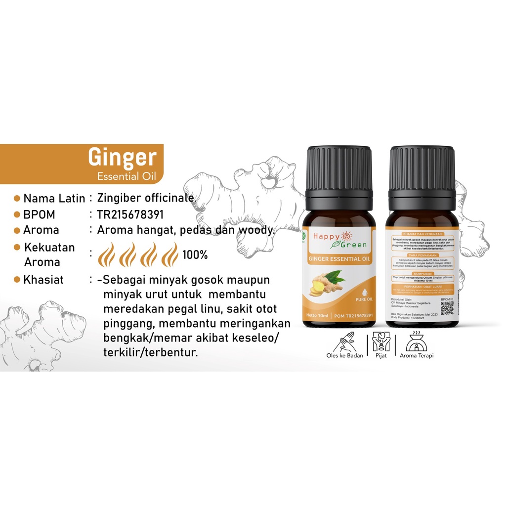 BPOM Happy Green Ginger Essential Oil - Minyak Atsiri Jahe Segar 100% Murni Garansi Uang Kembali