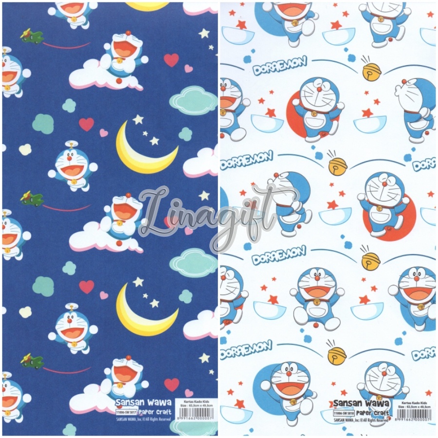 ( 5 Lembar ) New! DORAEMON SANWA - KERTAS KASO SANSAN WAWA / GIFT WRAP PAPER CAT DORA LOVELY CUTE BLUE WHITE TERBARU DOFF