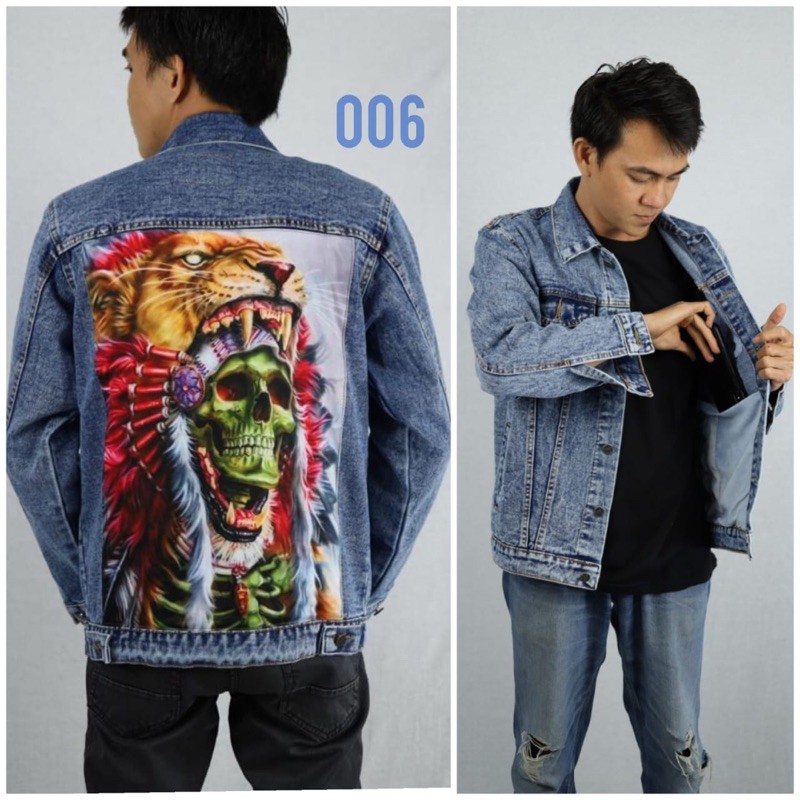 Jaket Jeans Printing Pria / Jaket Denim Pria Painting Sablon / Jaket Jeans Xpression - Sandwash Biru