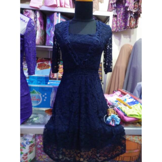 Dress brokat , gaun pesta biru dongker