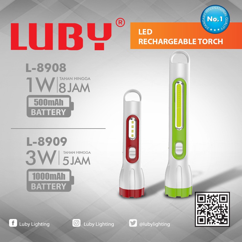 Luby Lampu Senter LED Super Terang L-8909 3W + 3W COB Light LED Rechargeable 5 Hours