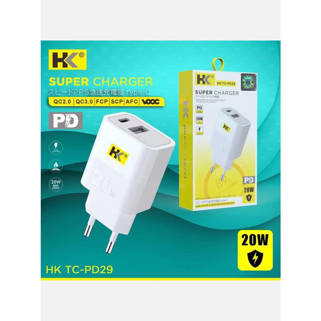 Adaptor Charger Cas HK PD29 USB &amp; Type C PD Batok Quick Charger 20W