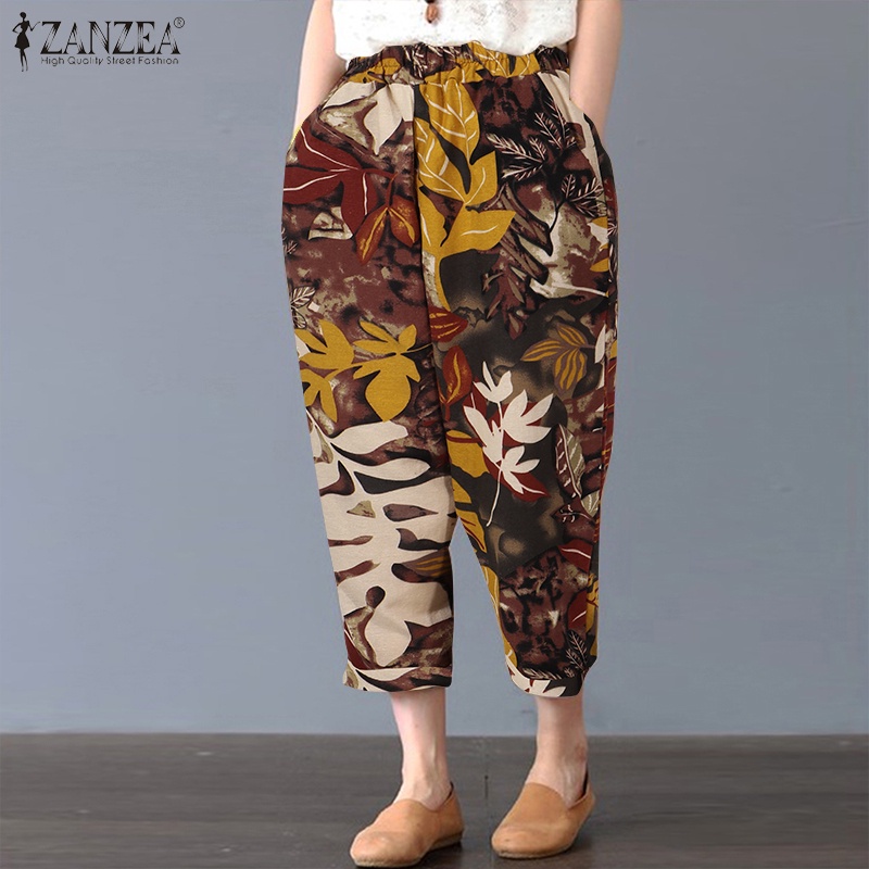 ZANZEA Women Vintage Elastic Waist Leaf Printed Casual Pants