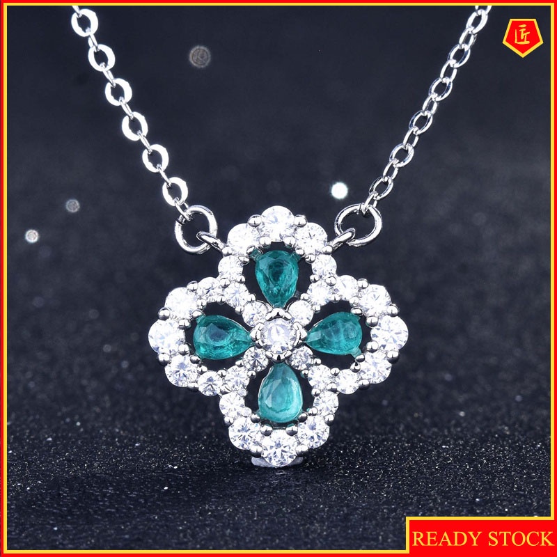 [Ready Stock]Micro-Inlaid Diamond Drop Shape Clover Flower Necklace Elegant and Fashionable