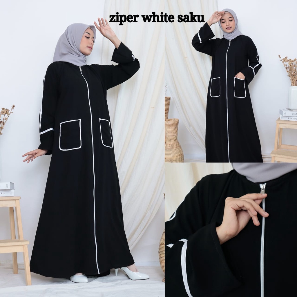 ABAYA GAMIS HITAM MAXI DRESS ZIPPER SAKU WHITE// ABAYA GAMIS REMAJA BEST SELLER