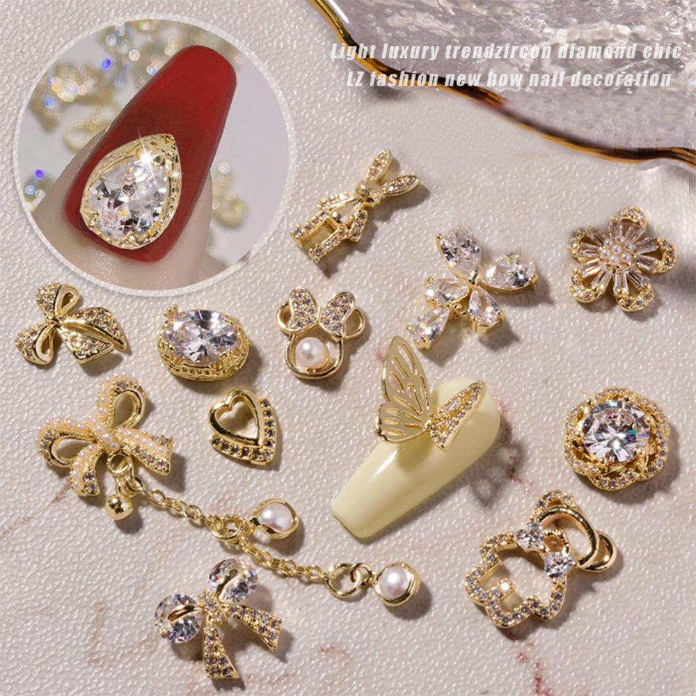 Needway Kuku Rhinestones Bunga Shiny Charms Butterfly Manicure Bear Zirkon Logam Liontin Rantai