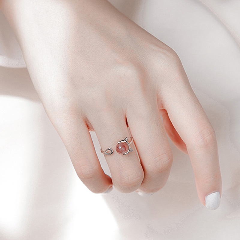 Cincin Open Ring Adjustable Desain Kucing Lapis Silver Hias Kristal Untuk Wanita