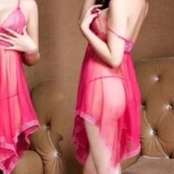 ☞ Big Size fit XL Lingerie Dress Set + G String Wanita Transparan Lace Renda V Neck ❂