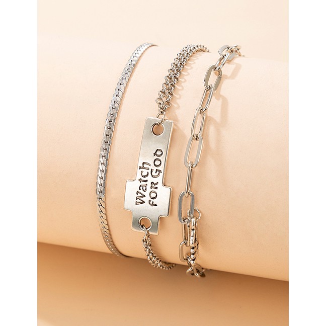 LR Gelang Tangan Fashion Silver Alphabet Cross Alloy Multilayer P75586