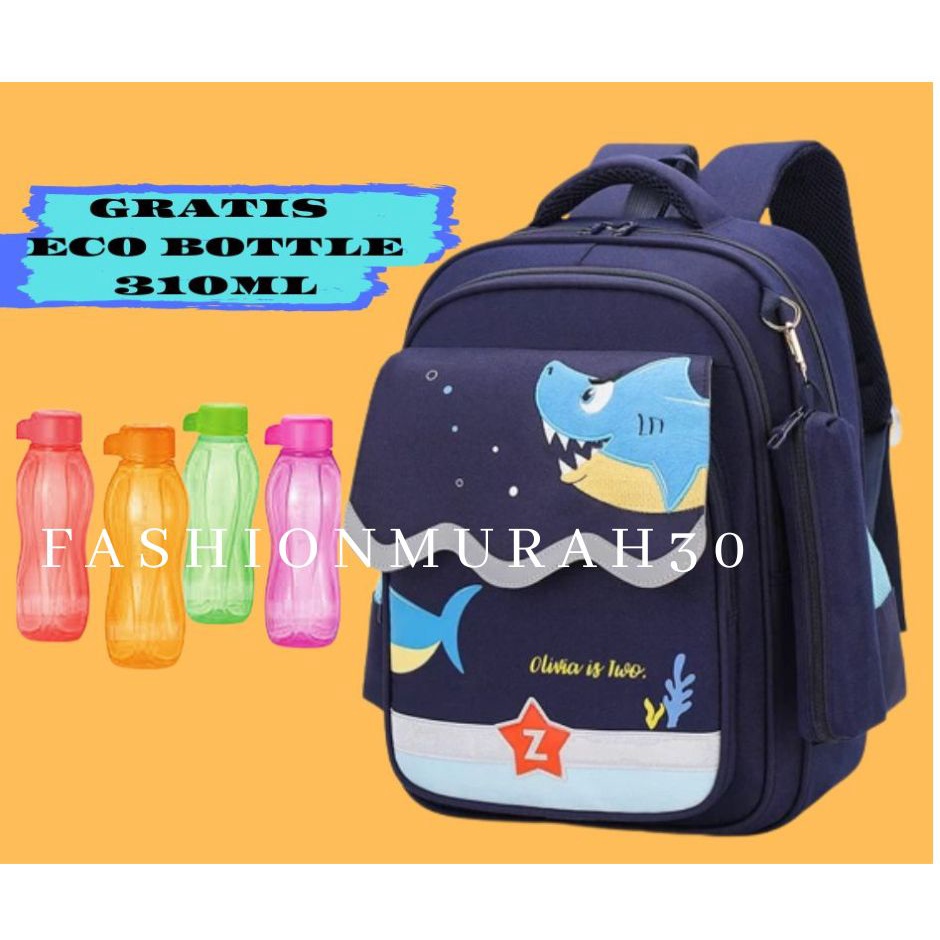 GRATIS BOTOL - Tas Anak Ransel Sekolah Laki-laki Perempuan Sd Tk Smp Motif Kartun HIU