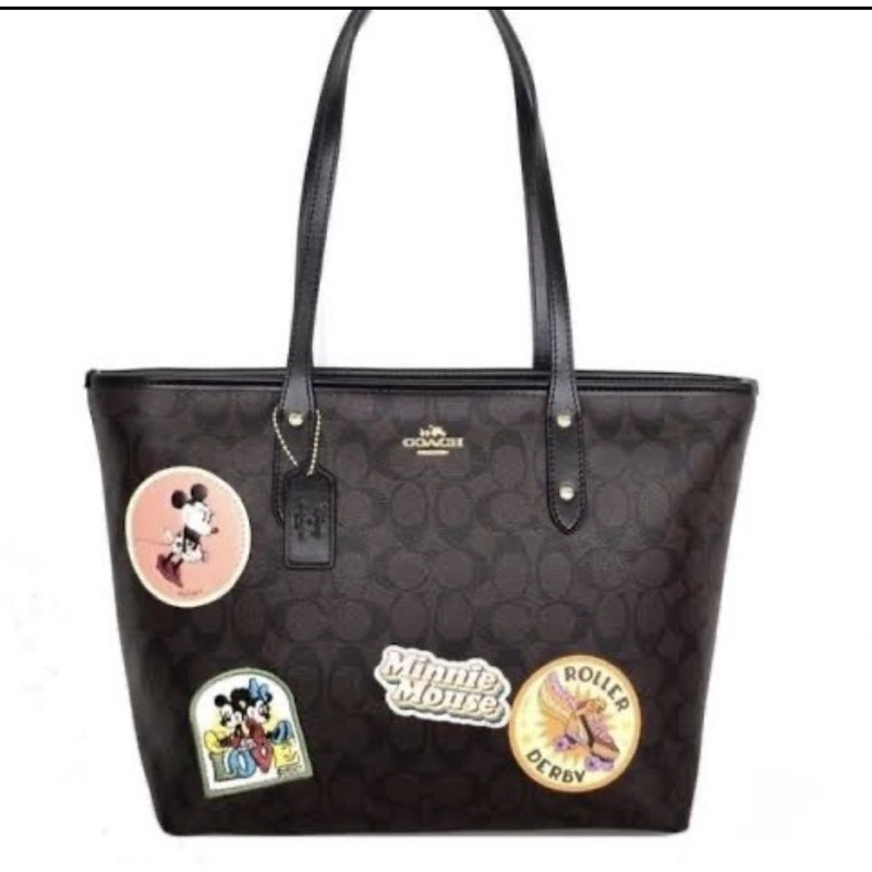 Coach City Zip Tote In Signature Canvas With Minnie Mouse Patches (F29358)