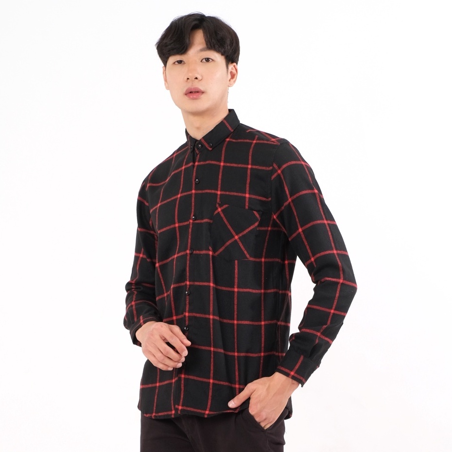 SANVANINA Kemeja Flanel Panjang Pria Unisex Distro | Flannel Squared Black Red - E-8003