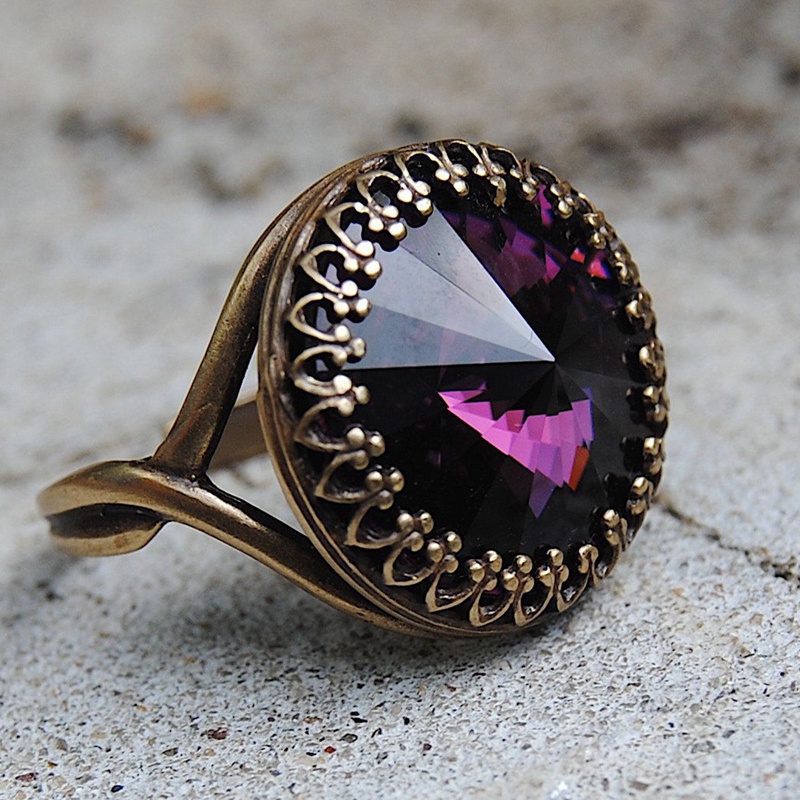 Cincin Emas 14K Hias Batu Amethyst Bulat Gaya Vintage Untuk Wanita