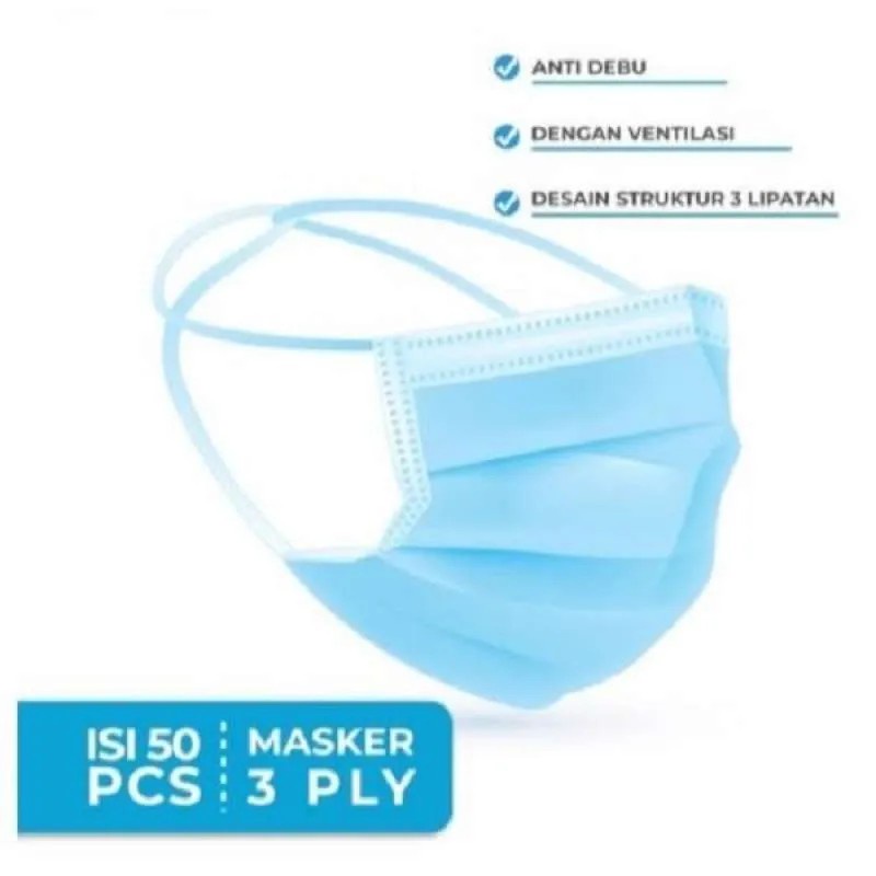 Masker HIjab BIru 3ply headlop disposable fasemask isi 50pcs