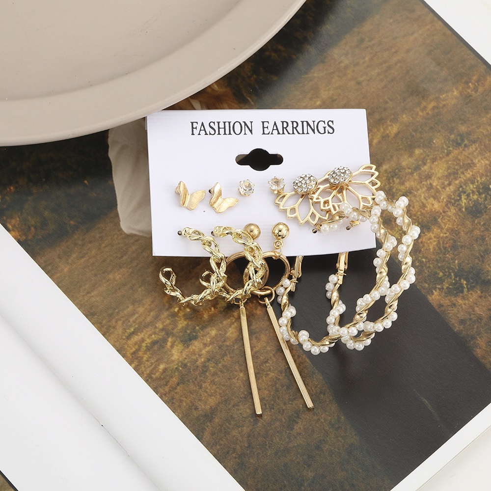 6 Pasang / Set Anting Tusuk Bentuk Kupu-Kupu Hias Mutiara + Kristal Untuk Wanita