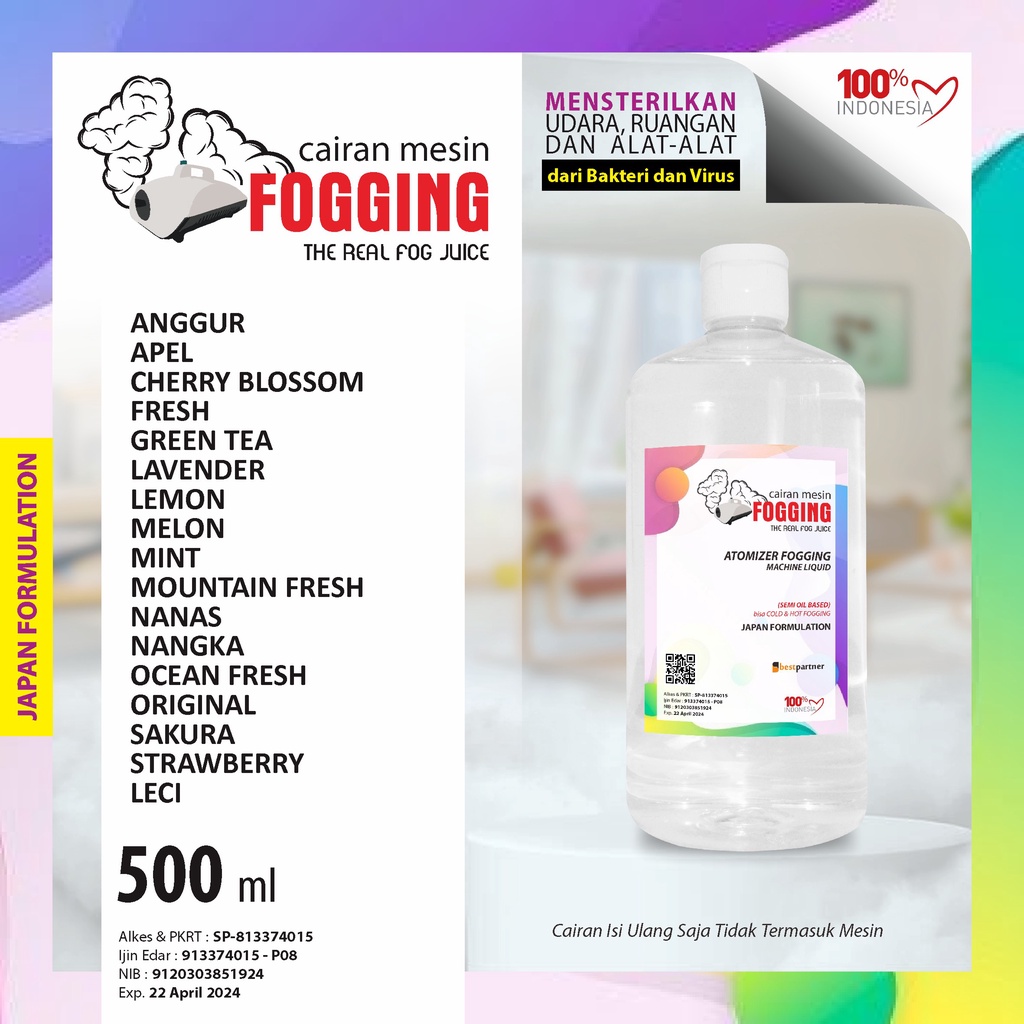 Cairan Mesin Fogging Macam Aroma Segar 500 ml / Cairan Fogging Atomizer 500 ml Botol Pet