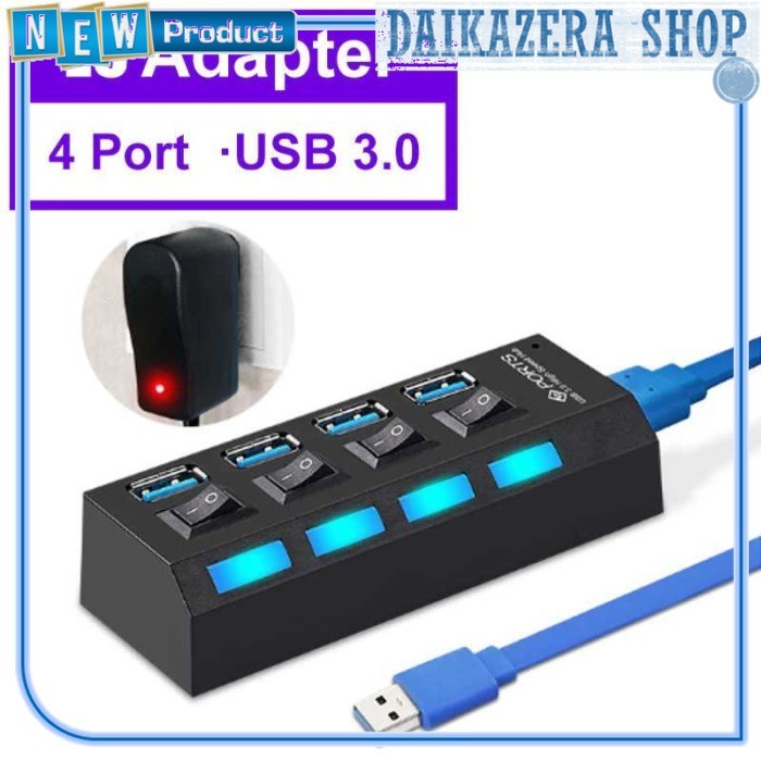 USB Hub 3.0 4 Port dengan Saklar dan Power Supply - Hitam