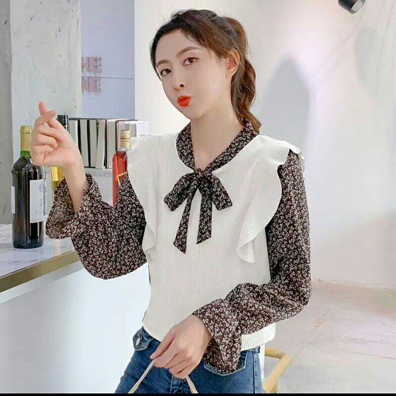 0389 Baju atasan blouse lengan balon panjang rajut wanita baju atasan blouse rajut cewek import