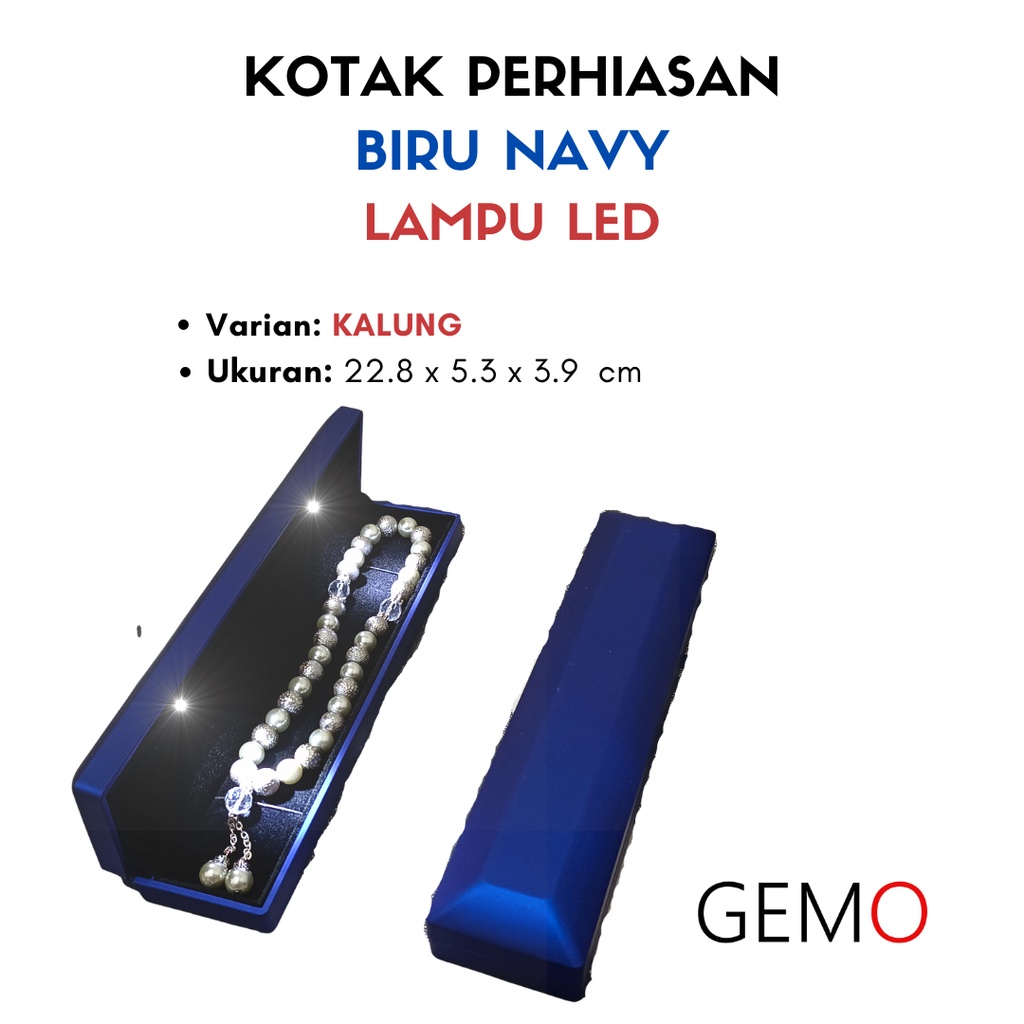 Kotak Perhiasan Berlampu Warna Biru Navy Set / Cincin / Liontin / Gelang / Kalung Koye / Jewelry Box Tempat Perhiasan Lampu LED Murah Cocok Untuk Gift / Hadiah, Lamaran, Mahar Pernikahan, Hantaran Tunangan, Seserahan Pernikahan