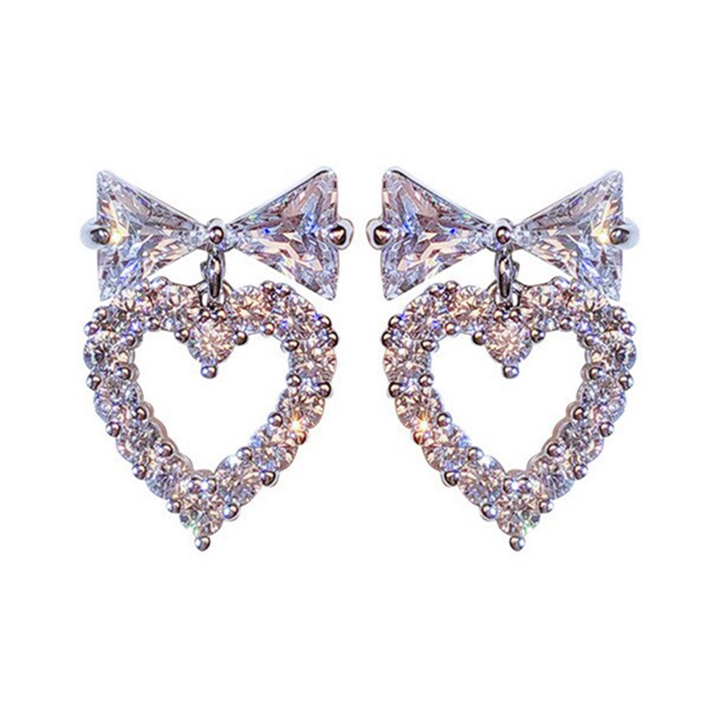 Korean Fashion Bowknot Women Earrings With Heart Dangle Dazzling Cubic Zirconia Party Daily Wear Girl Earrings