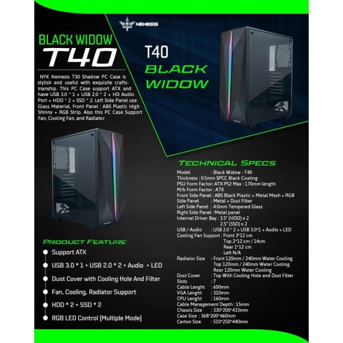 Casing Komputer NYK T40 Black Widow PC Case Gaming