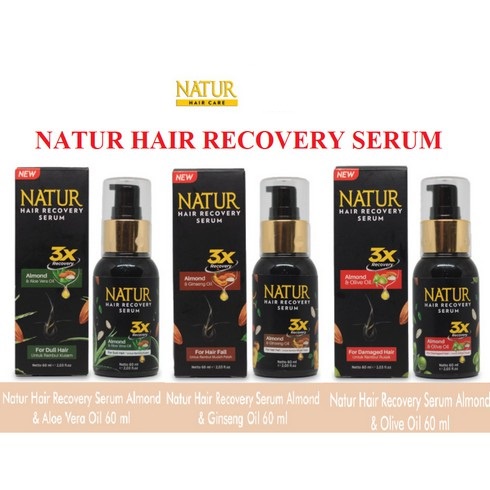 NATUR Hair Recovery Serum Almond 60ml | Serum Rambut Natur Ginseng Aloe Vera Olive Oil by AILIN