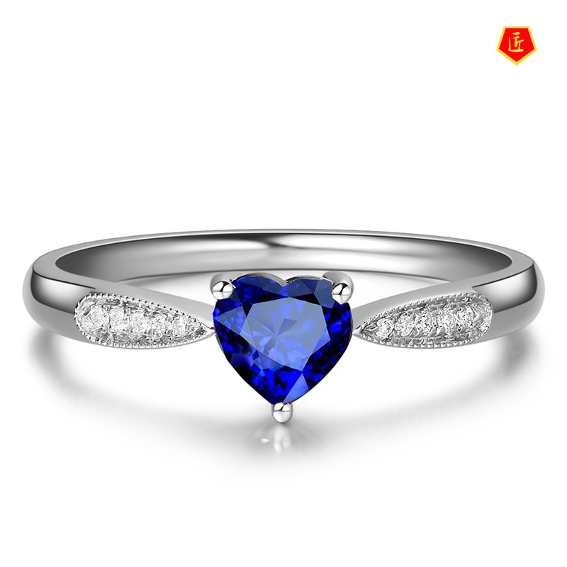 [Ready Stock]Simple Classic Personality Heart-Shaped Sapphire Ring for Women