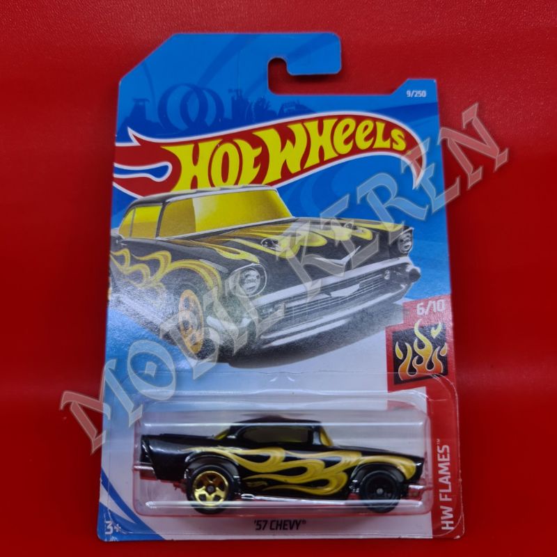 Diecast Hot Wheels Error HW Flames 57 Chevy black error roda depan beda warna