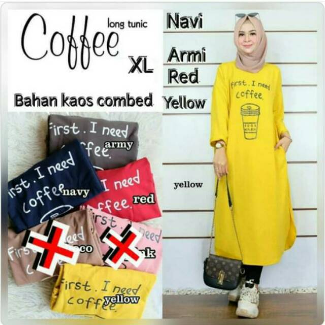 Tunik long combad bergambar/tunik bahan kaos adem/tunik panjang wanita muslimah/long tunik kuning