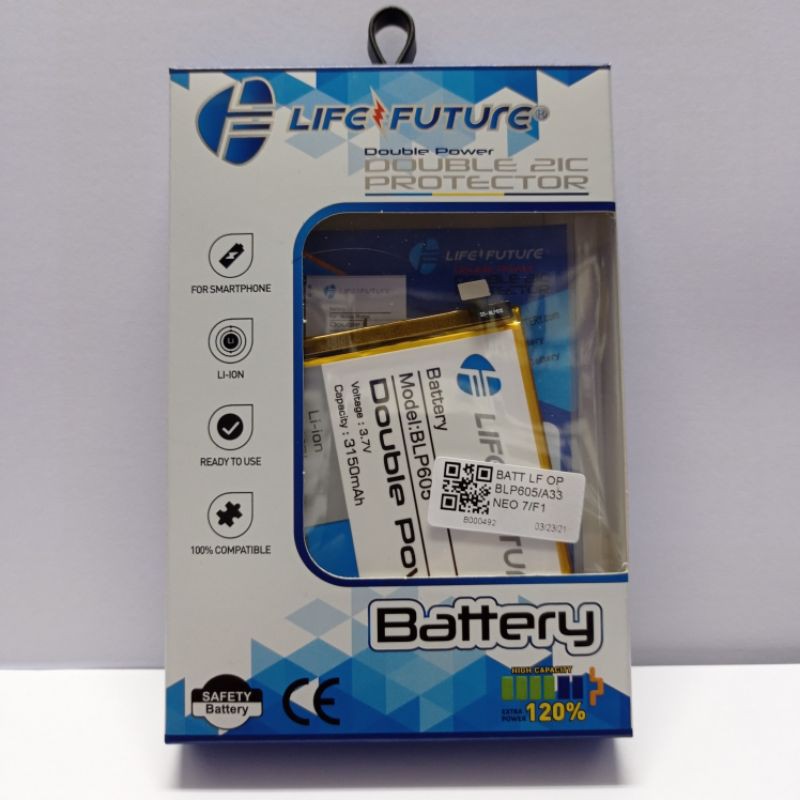 BATRE BATERAI BATTERY OPPO NEO 7 / A33W / A1603 BlP605 DOUBLE POWER 3150 MAH MERK LIFUTURE REAL