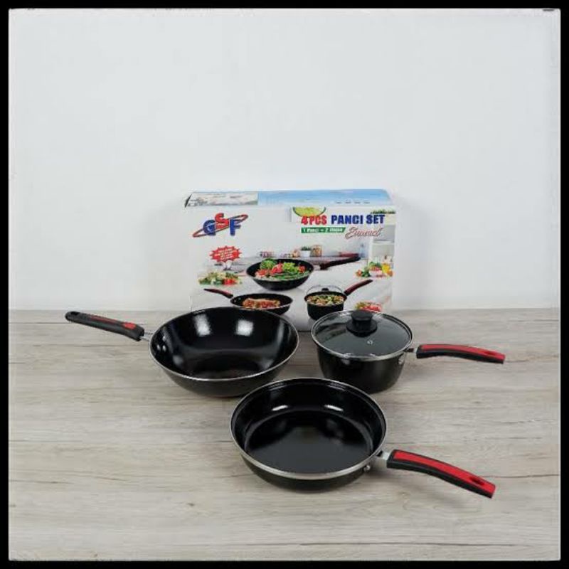 2,2kg# Panci set GSF isi 4 panci enamel wajan penggorengan teflon panci susu enamel tutup kaca
