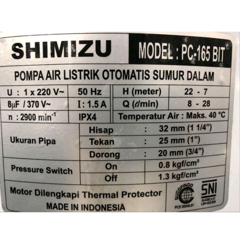 Pompa Air shimizu Jet Pump PC 165 BIT Pompa Shimizu Tangki 165 bit