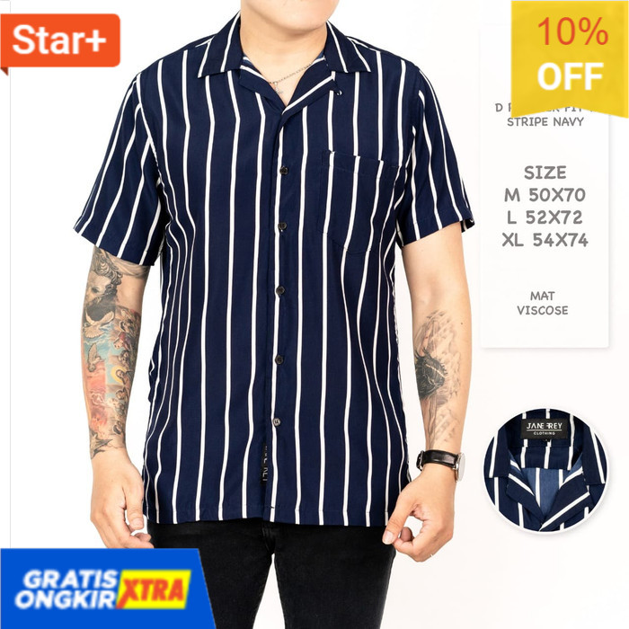 Black M Kemeja garis pria/Kemeja garis cowok/Reguler fit stripe hem  Elegan Murah