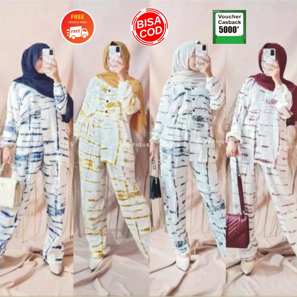 Setelan Tie Dye Tanggung Lengan Panjang LD 100 Pakaian Tidur Perempuan Setelan Murah