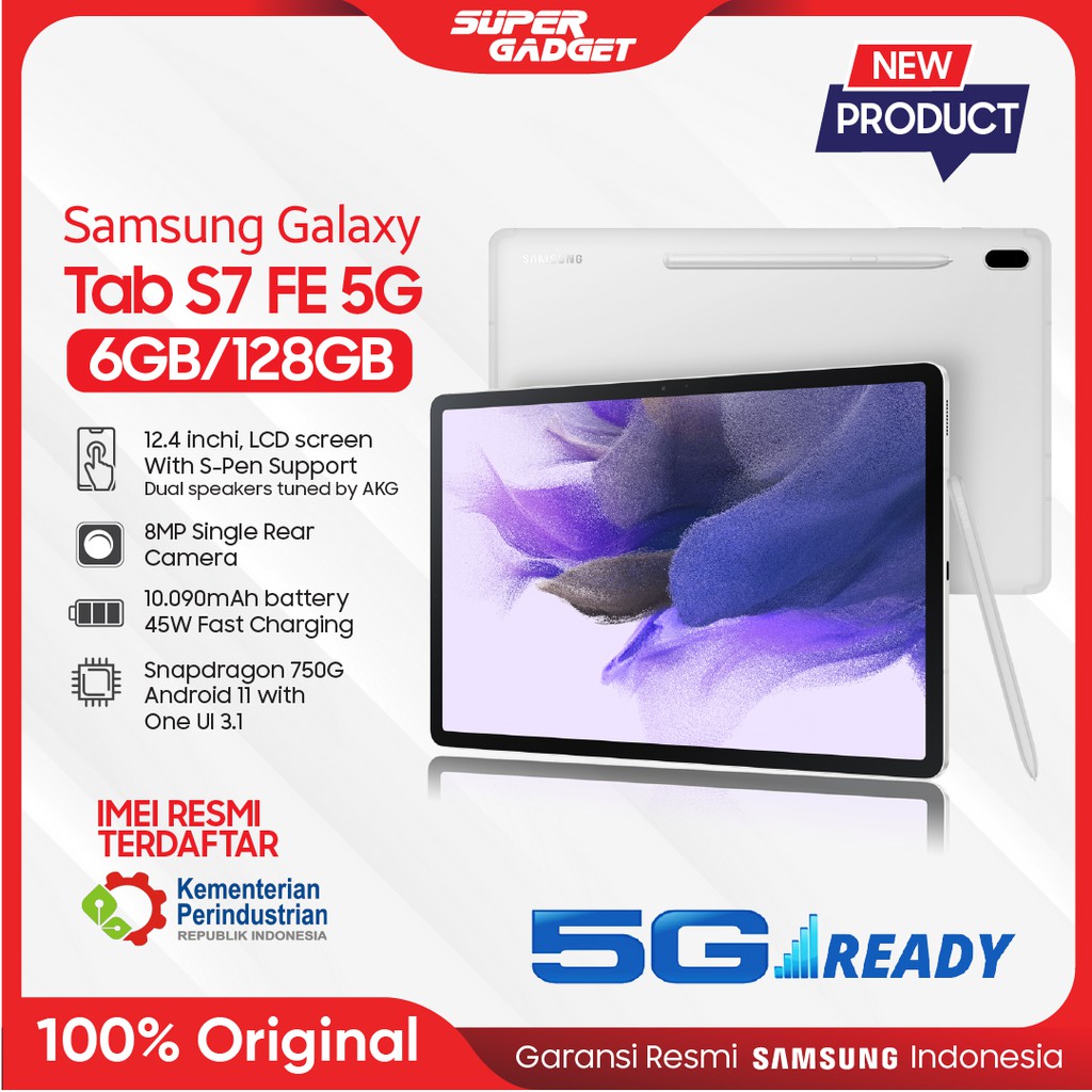 Samsung Galaxy TAB S7 FE T736 RAM 6 GB ROM 128 GB 6/128 12 Inch 5G Original Garansi Resmi SEIN-Mystic Silver