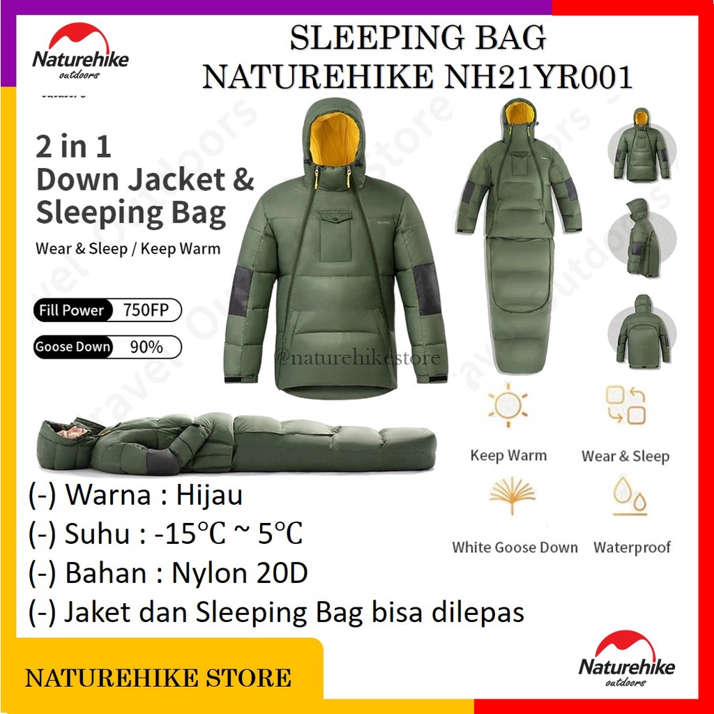 Sleeping Bag Bulu Angsa Jaket Ultralight Kantong Tidur Camping Hiking Gunung Outdoor Naturehike NH21