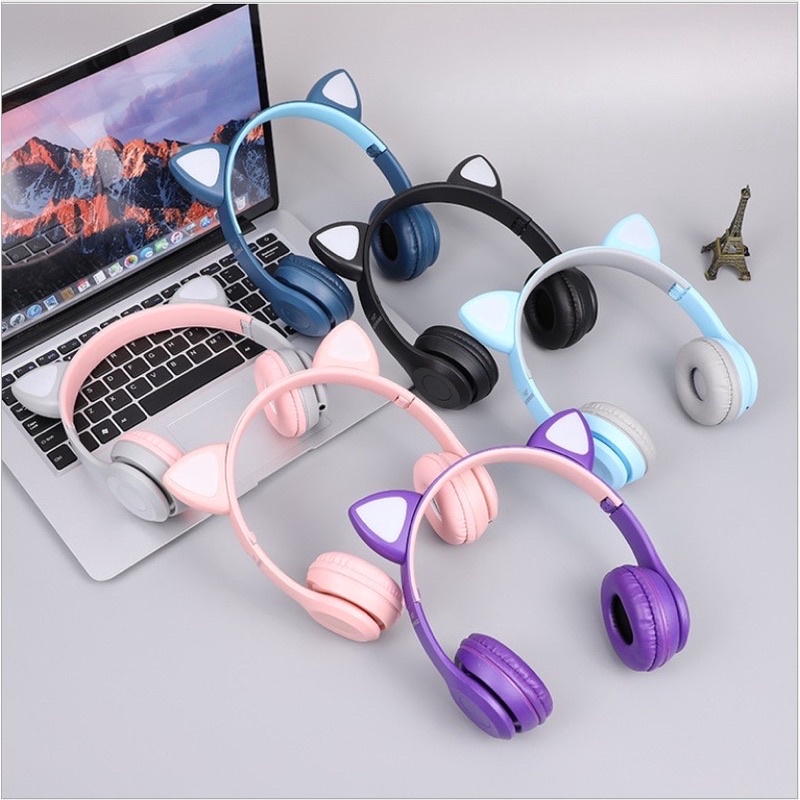 Headset Gaming Headphone Bluetooth Telinga Kucing LED Wireless Super Bass Gaming