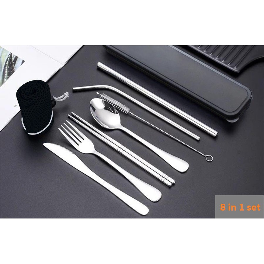 Paket Korea  lengkap 8 Pcs sendok garpu sumpit pisau sedotan stainless Steel 8in1 cutlery set 8pcs