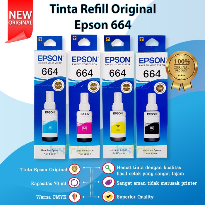 Tinta Refill Printer Epson Original 664 T6641 Black T6642 Cyan T6643 Magenta T6644 Yellow Ink 70ml