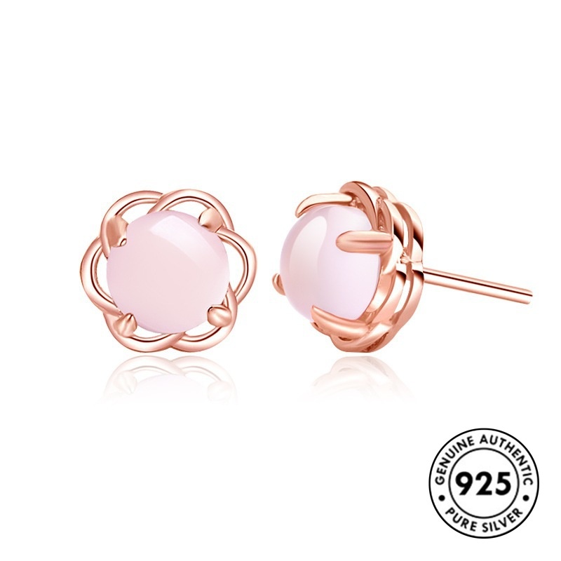 Anting Tusuk Sterling Silver 925 Desain Bunga Mawar Hias Kristal Pink Untuk Wanita