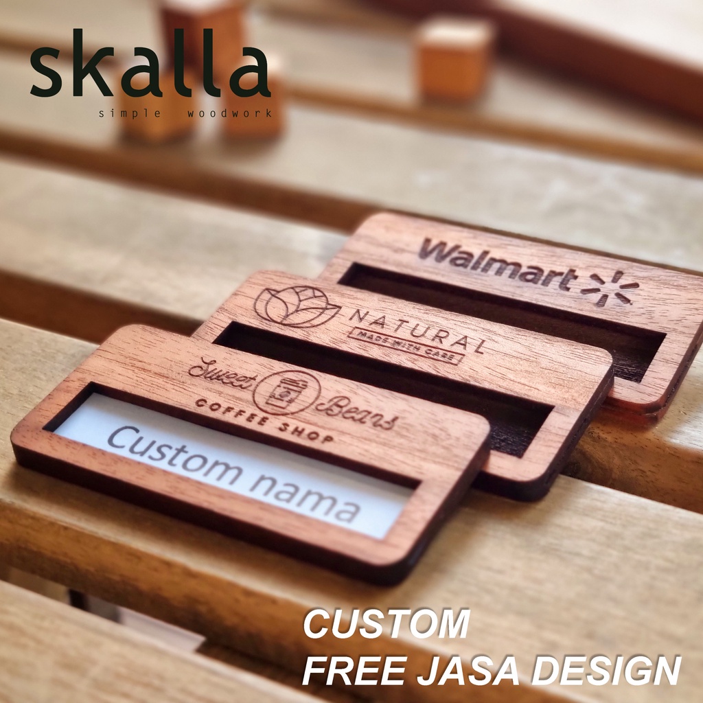

name tag reusable kayu badge papan nama dada wooden nametag custom dapat diganti