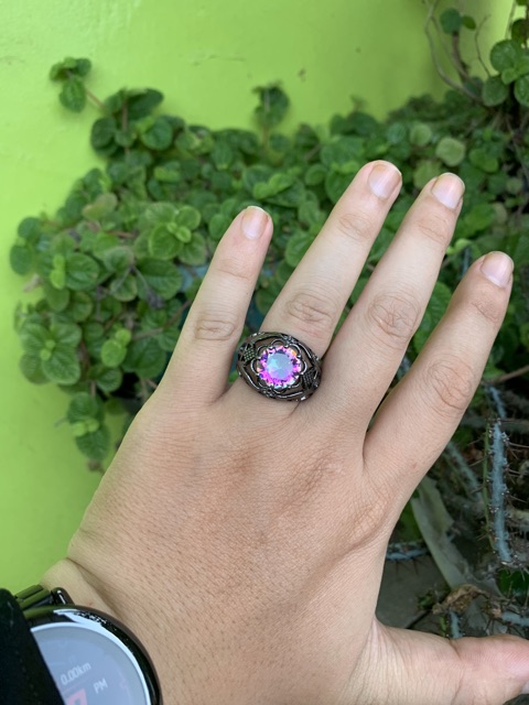 Cincin Batu Natural Mystic Quartz Rainbow Pelangi Ring Black Platted Klasik