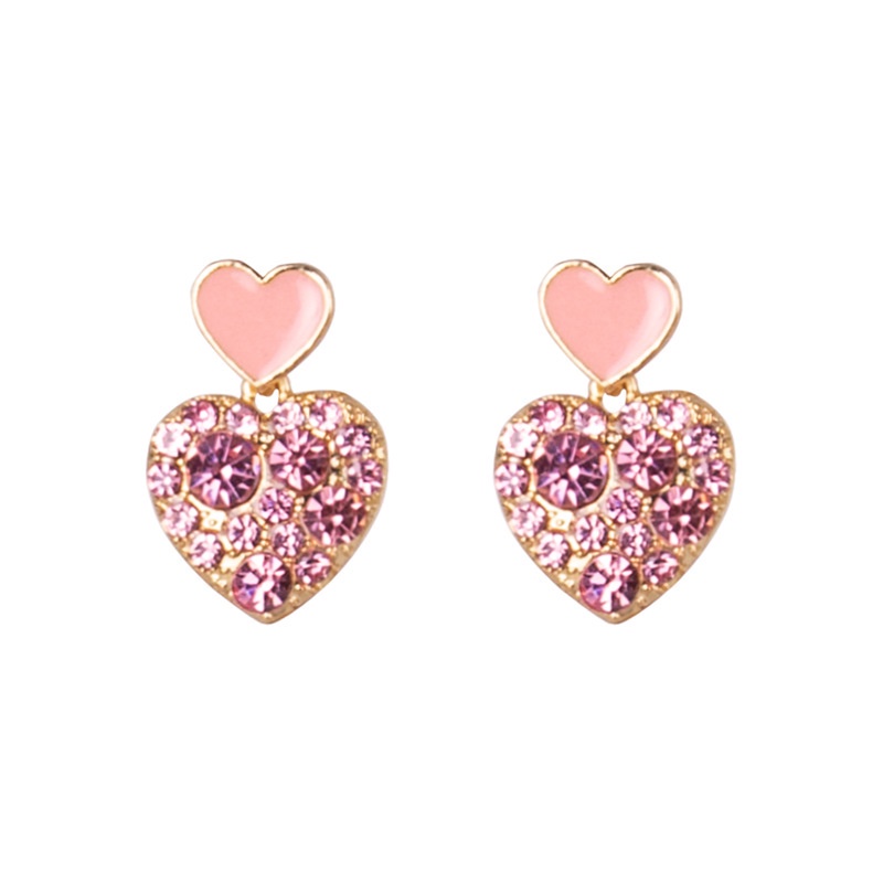 Anting 925 silver needle Bentuk Hati Aksen Berlian Warna pink