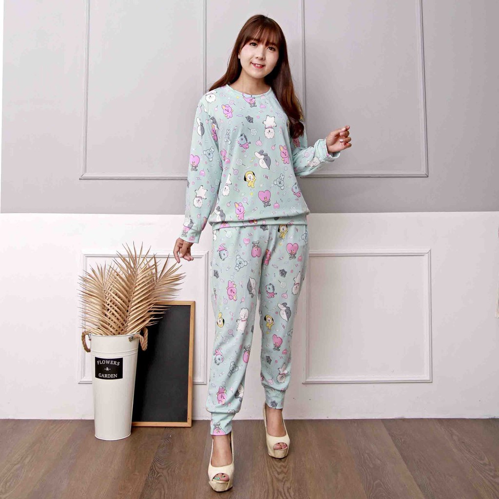 SETELAN WANITA MOTIP BT21 BTS /SETCEL IMPOR KUALITAS PREMIUM REAL PICT 4 WARNA