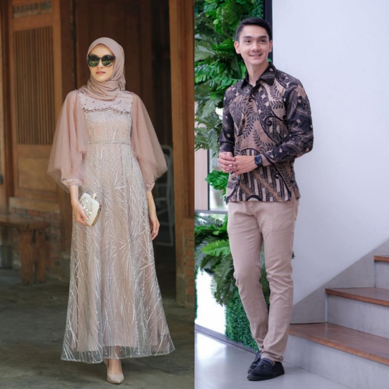 [REAL PICT] Couple Gamis Brokat Tille Mutiara Dress Brokat Terbaru Gamis Brokat Lebaran,Gamis pesta,Gamis