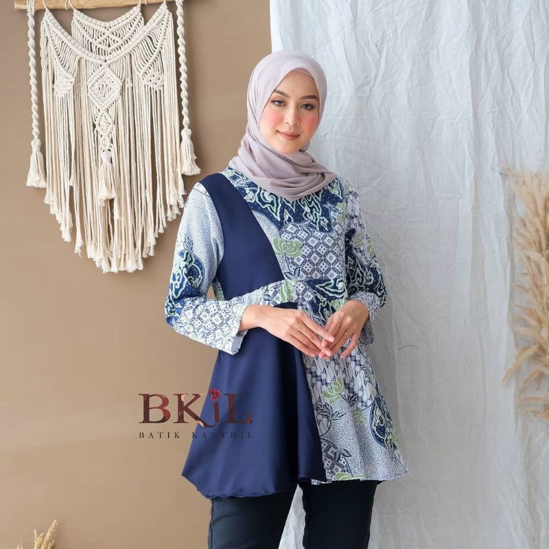 tey-17 Batik wanita ASJ SA HRB026 Kenongo Kemeja Tosca Pendek-Simpli Navy
